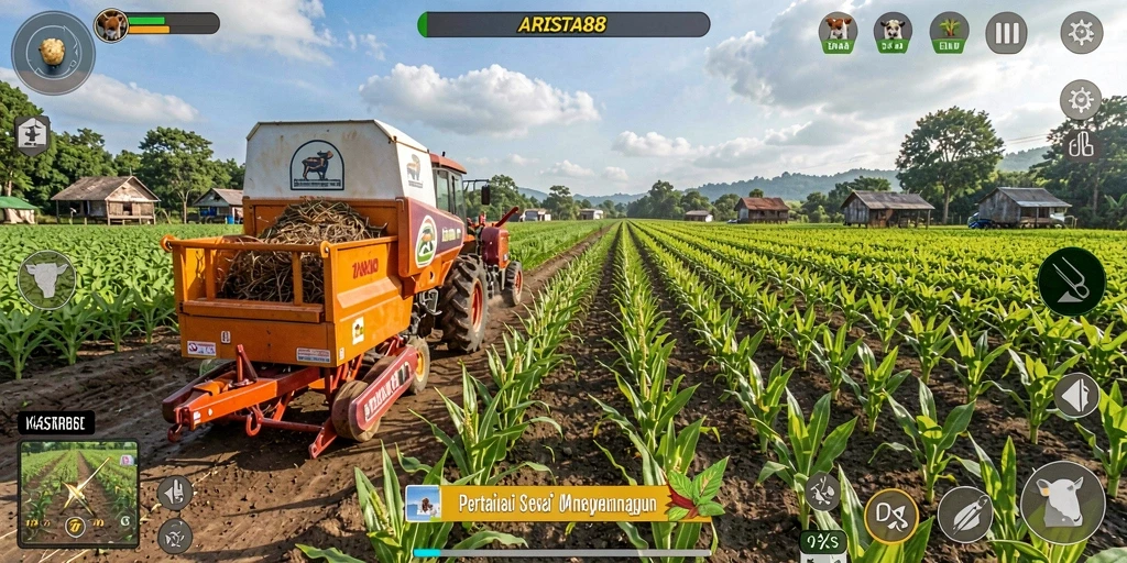 Tampilan gameplay ARISTA88 dengan berbagai tanaman di ladang.