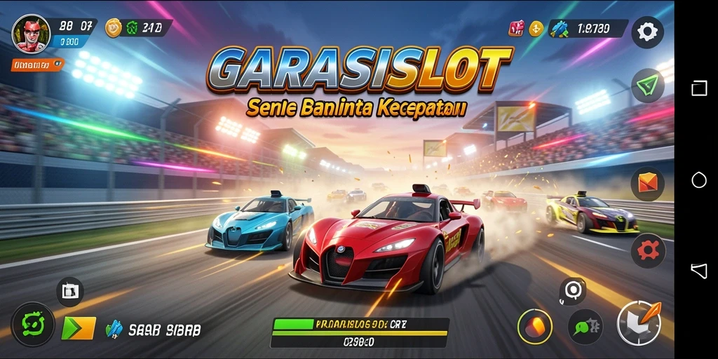 Screenshot GARASISLOT menampilkan aksi balap yang mendebarkan dan mobil yang menawan.