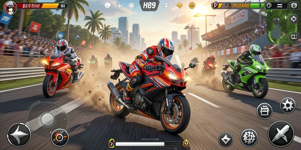 Screenshot gameplay H89 menampilkan balapan motor yang seru dan penuh aksi.