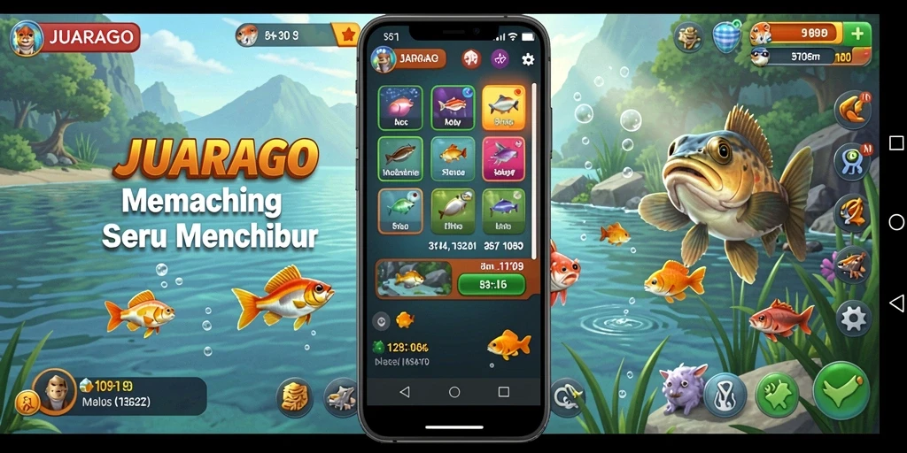 Screenshot gameplay JUARAGO menunjukkan aksi memancing yang menarik.