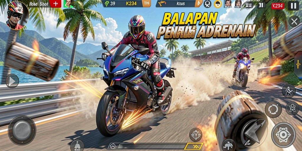 Tampilan gameplay K234 yang menegangkan saat balapan motor.