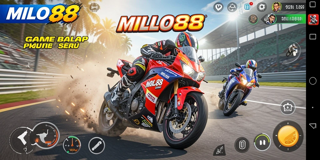 Screenshot MILO88 menampilkan gameplay balap motor yang mendebarkan.