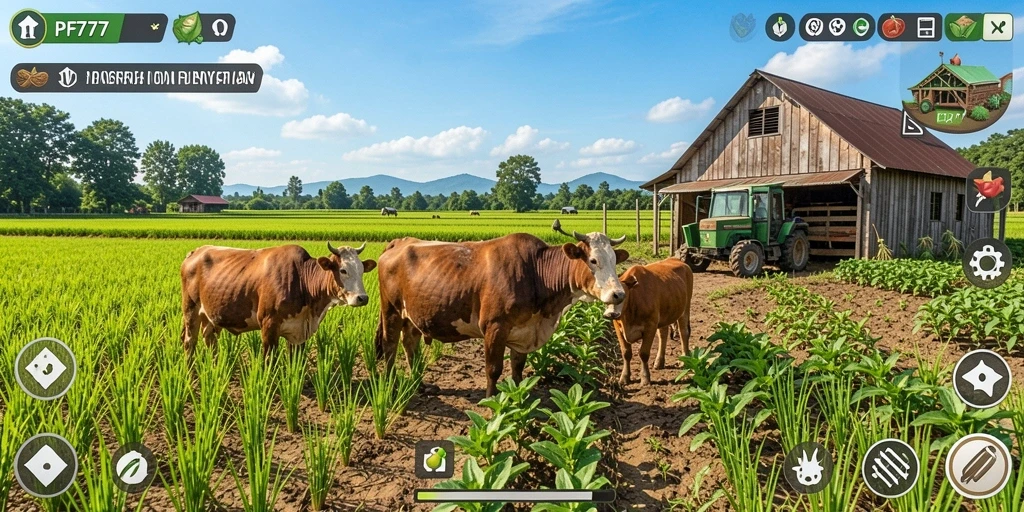 Tampilan gameplay PF777 menampilkan ladang dan peternakan yang indah.