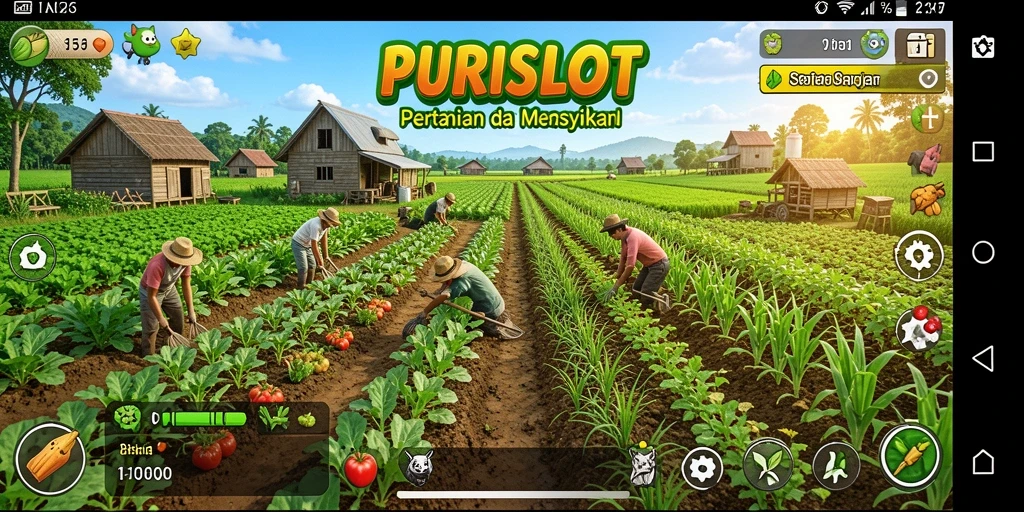 Screenshot menunjukkan gameplay pertanian yang menarik dan penuh warna.