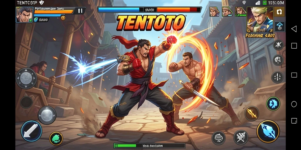 Tampilan gameplay seru TENTOTO saat karakter bertarung.