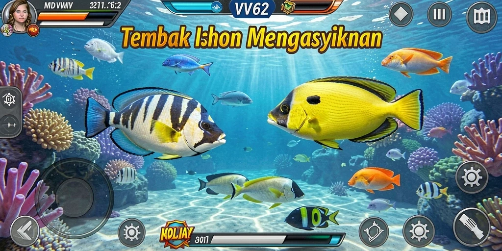 Screenshot gameplay VV62 menunjukkan serunya menembak ikan-ikan besar.